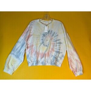 Elodie Tie Dye Pullover Sweatshirt Womens L White Elastic Hem Crew Neck NWT